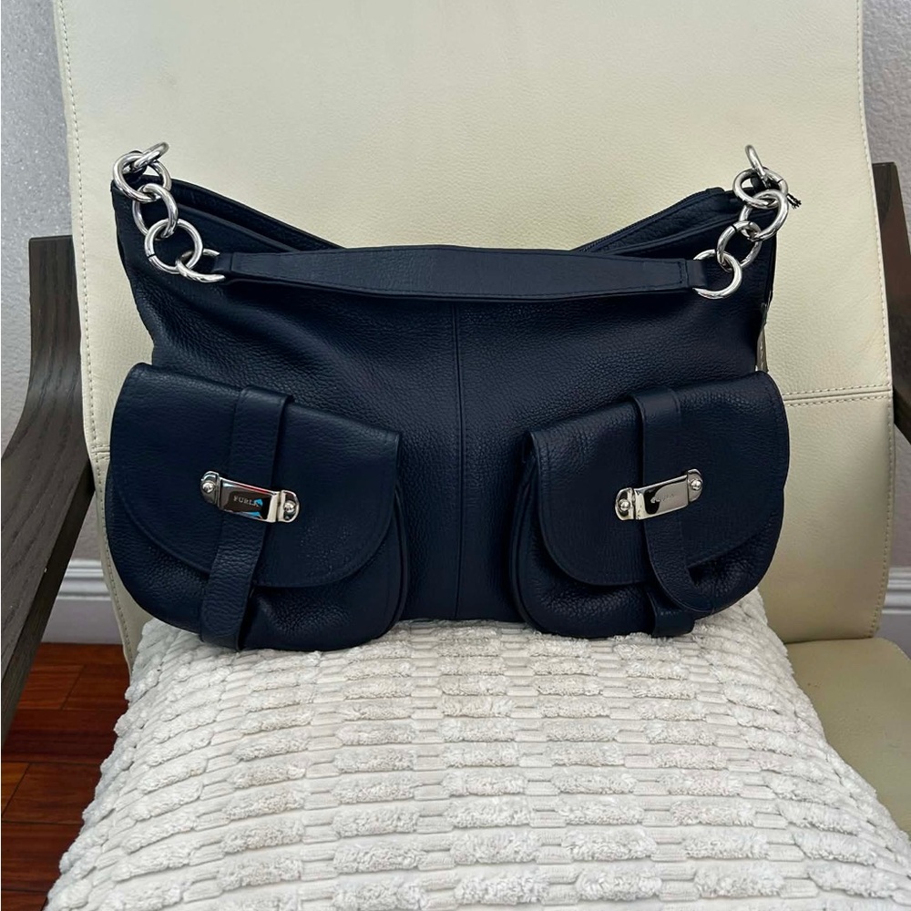 Furla Black Pebbled Leather Shoulder Bag with Dual Front Pockets